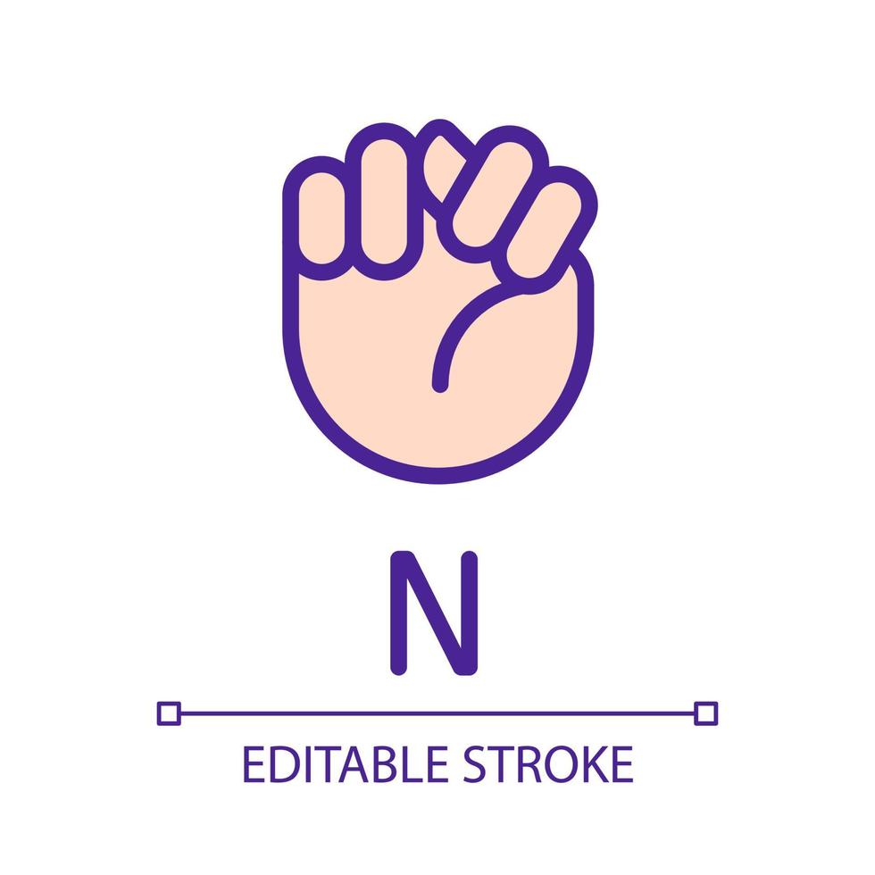 brev n tecken i asl pixel perfekt rgb Färg ikon. kommunikation systemet. visuell modalitet. isolerat vektor illustration. enkel fylld linje teckning. redigerbar stroke. arial font Begagnade