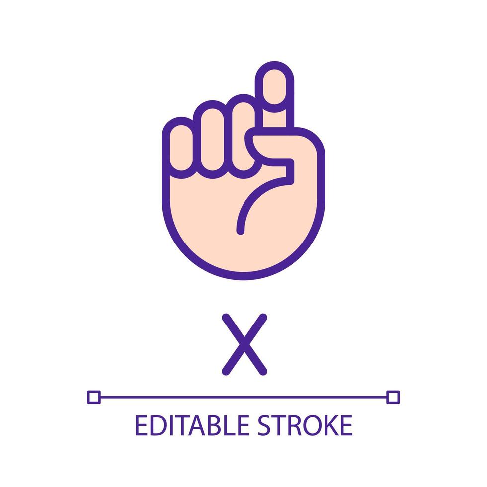 buchstabe x in asl pixel perfektes rgb-farbsymbol. Amerikanische Zeichensprache. visuelle Modalität für die Kommunikation. isolierte vektorillustration. einfache gefüllte Strichzeichnung. editierbarer Strich. Schriftart Arial verwendet vektor