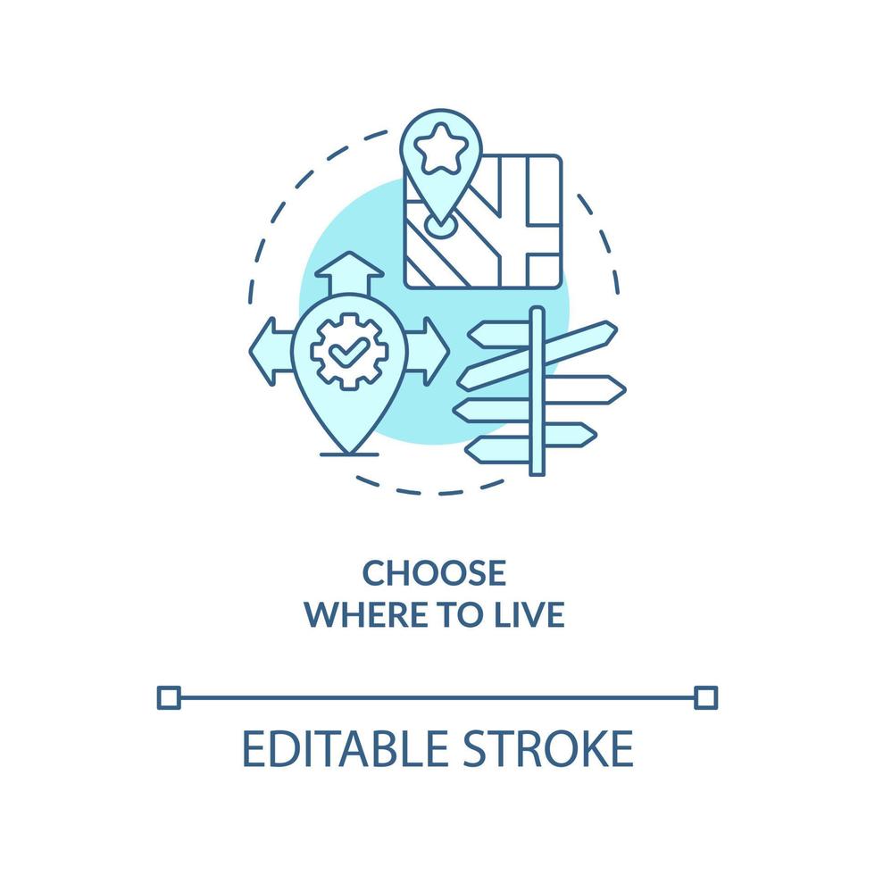 Wählen Sie, wo Sie das Symbol für das türkisfarbene Konzept leben möchten. Mobilitätsmöglichkeit. arbeit von zu hause aus abstrakte idee dünne linie illustration. isolierte Umrisszeichnung. editierbarer Strich. Arial, unzählige pro-fette Schriftarten verwendet vektor