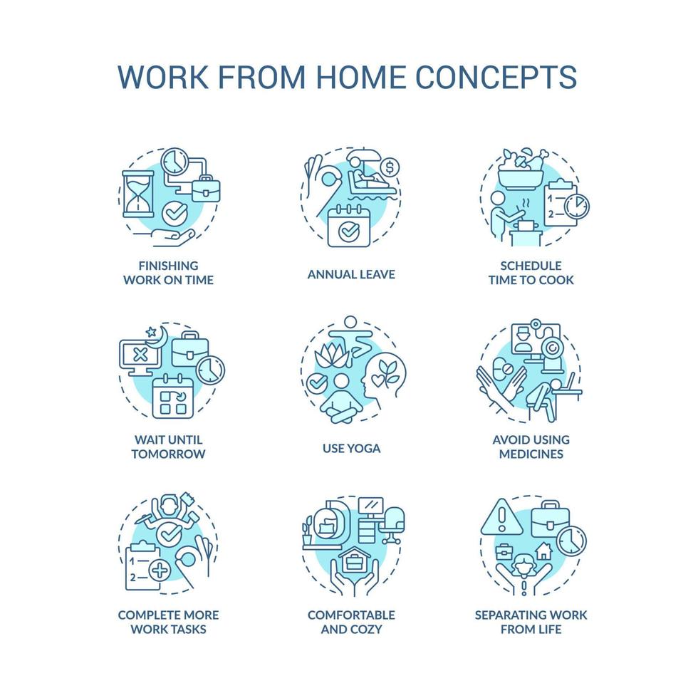 arbete från Hem tips turkos begrepp ikoner uppsättning. burnout förebyggande. avlägsen arbetsplats aning tunn linje Färg illustrationer. isolerat symboler. redigerbar stroke. roboto-medium, myriad pro-bold typsnitt Begagnade vektor