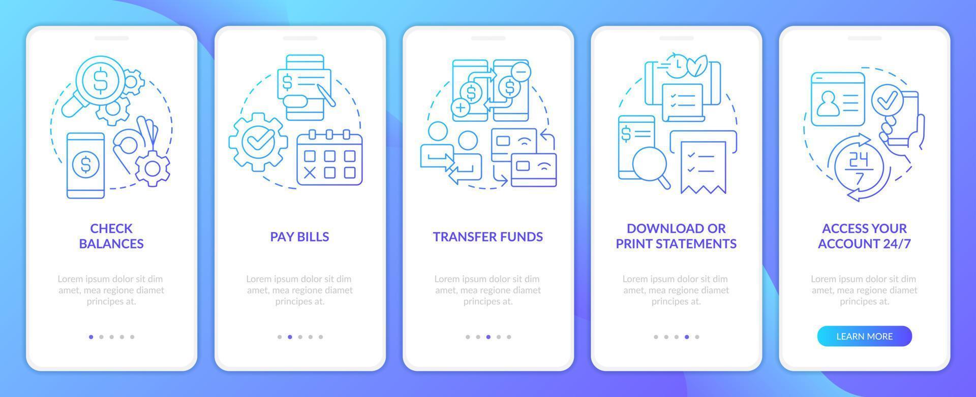 Online-Banking-Profis blauer Farbverlauf beim Onboarding des mobilen App-Bildschirms. Digital Wallet Walkthrough 5 Schritte grafische Anweisungen mit linearen Konzepten. ui, ux, gui-Vorlage. Unzählige pro-fette, normale Schriftarten werden verwendet vektor