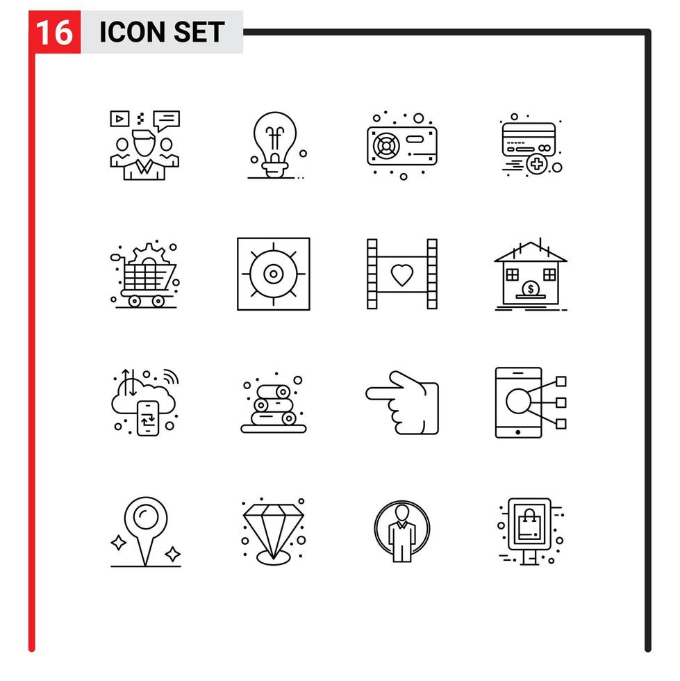 stock vektor ikon packa av 16 linje tecken och symboler för kreditera kreditera dator kort vga redigerbar vektor design element