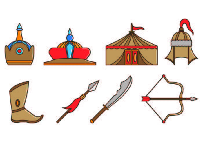 Set von Mongol Warrior Ausrüstung Icons vektor