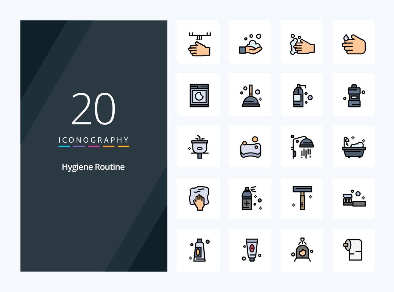 20 hygien rutin- linje fylld ikon för presentation vektor