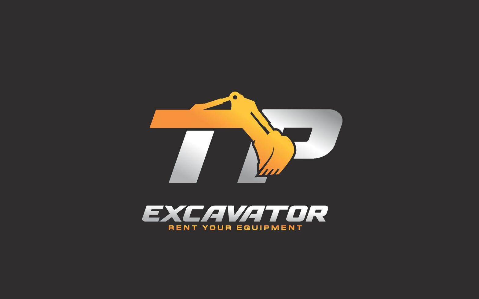 Bagger mit tp-Logo für Bauunternehmen. Schwermaschinenschablonen-Vektorillustration für Ihre Marke. vektor