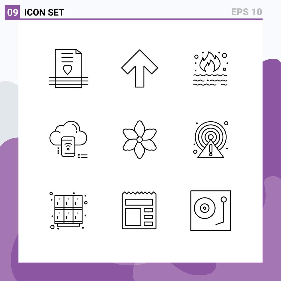 Stock Vector Icon Pack mit 9 Zeilen Zeichen und Symbolen für verbundene Cloud Burn Mobile Smoke editierbare Vektordesign-Elemente