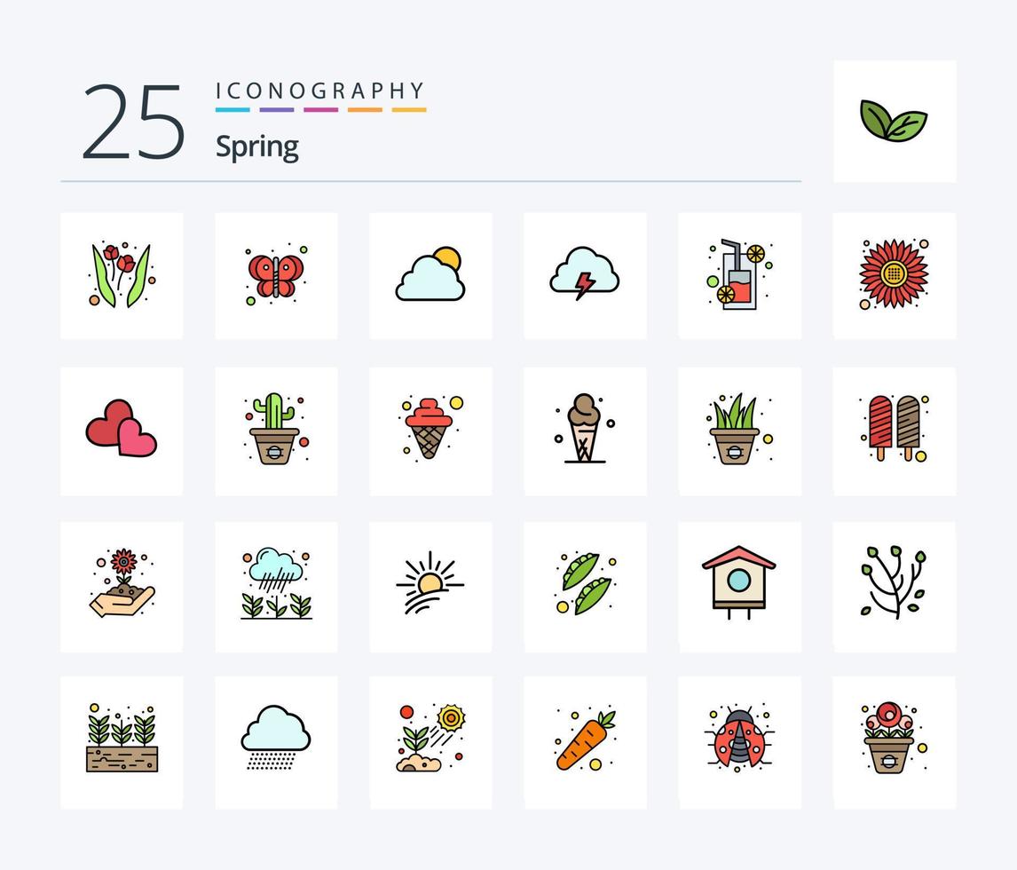 Frühling 25 Zeilen gefülltes Icon Pack inklusive Essen. Sonne. Wolke. Feder. Wolke vektor