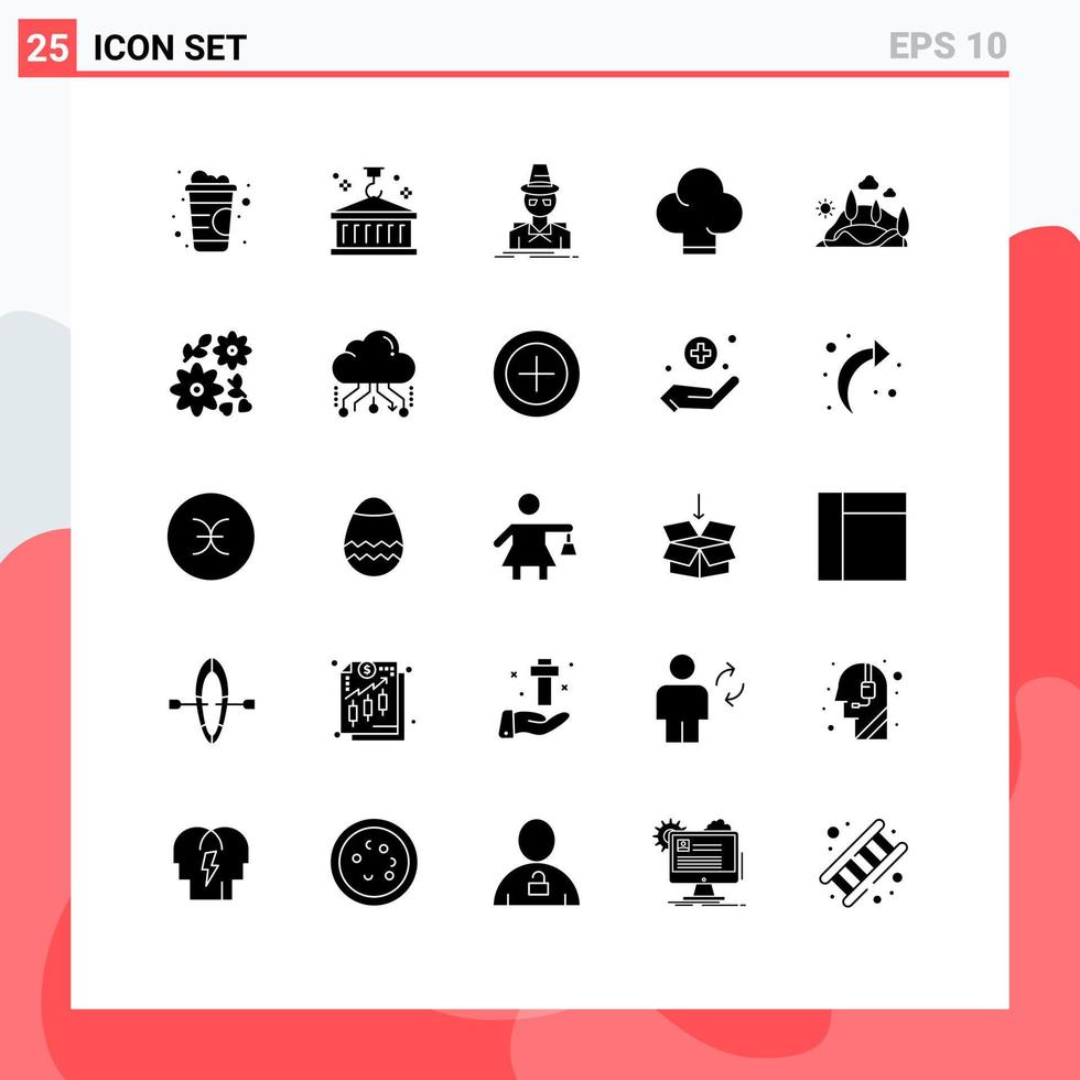 piktogram uppsättning av 25 enkel fast glyfer av landskap hatt detektiv- mat tjuv redigerbar vektor design element