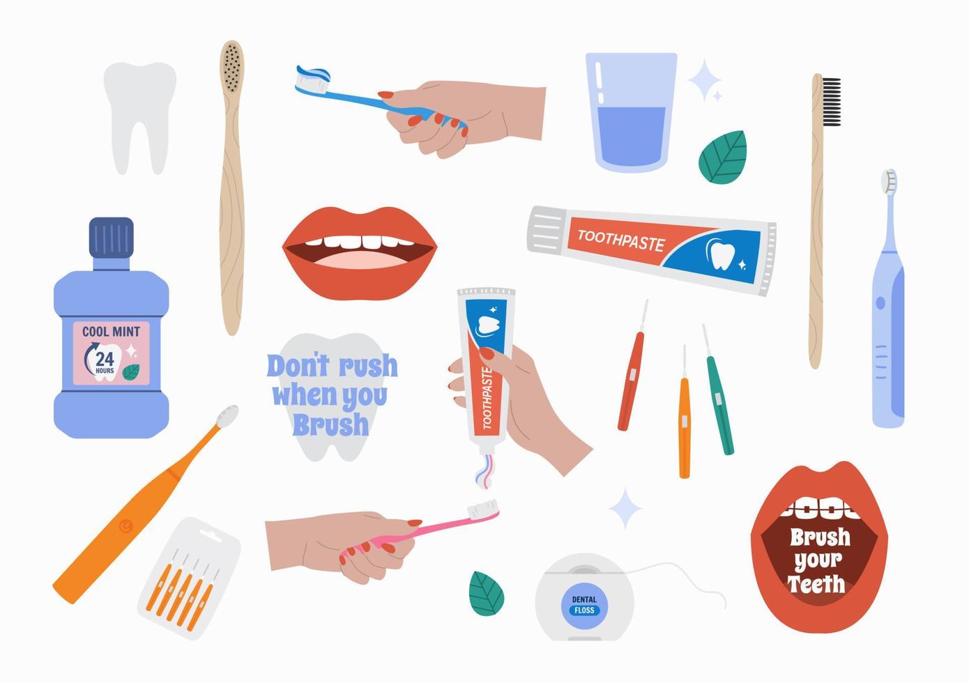 mundwasser handgezeichnete illustrationen gesetzt. Zahnbürste, Zahnpasta, Zahnseide. Zahnpflege. Vektor