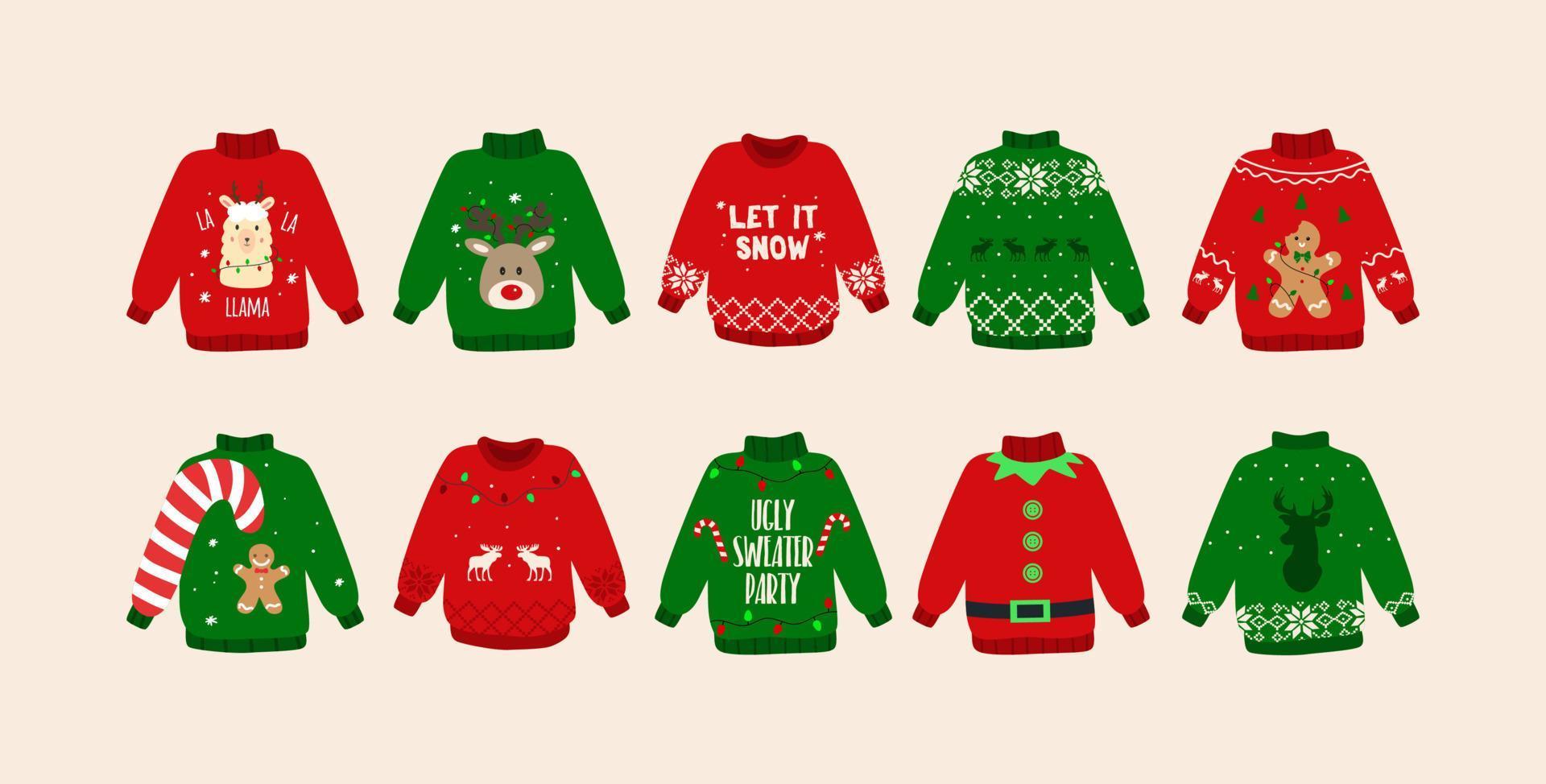 Weihnachten hässliche Pullover Set. süße Pullover-Doodles. isoliert. Vektor