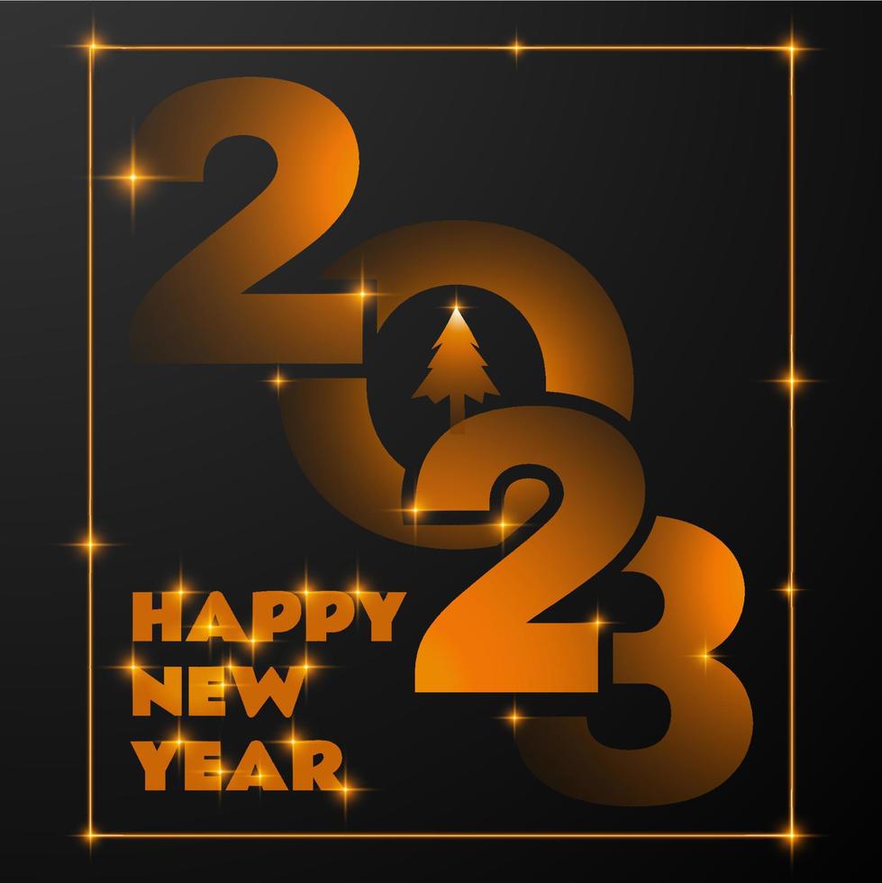 2023 ny år svart minimal affisch med flyga guld orange tal och träd med text. hälsning kort. vektor
