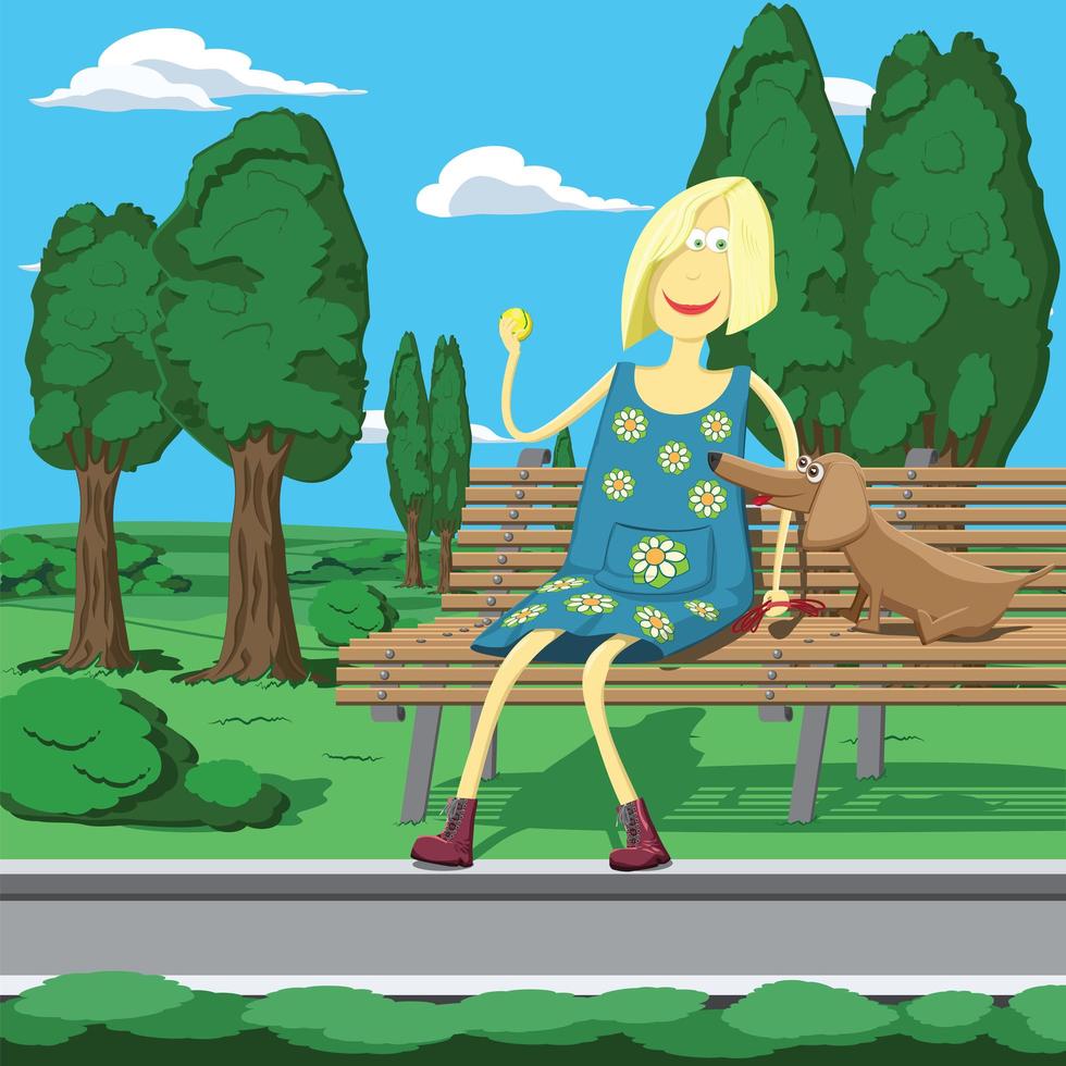 tecknad flicka i park sitter på bänken vektor