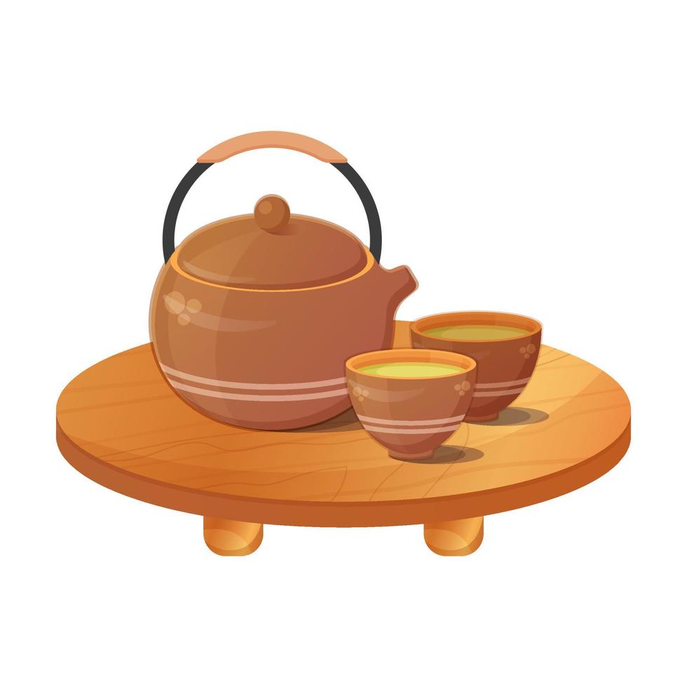 japanische teekanne mit tassen auf dem tisch. asiatische Teezeremonie. asiatisches Essen. bunte Vektorillustration lokalisiert auf weißem Hintergrund. vektor