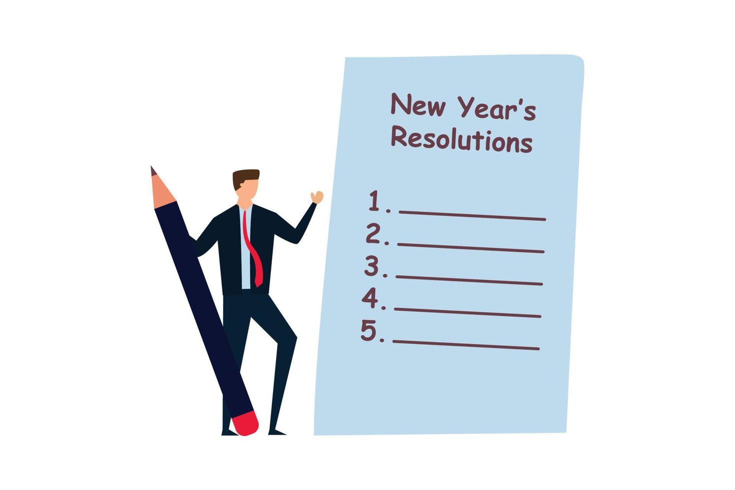 ny år resolutioner, affärsman innehav stor penna tänkande handla om ny år upplösning på anteckningsblock papper. vektor