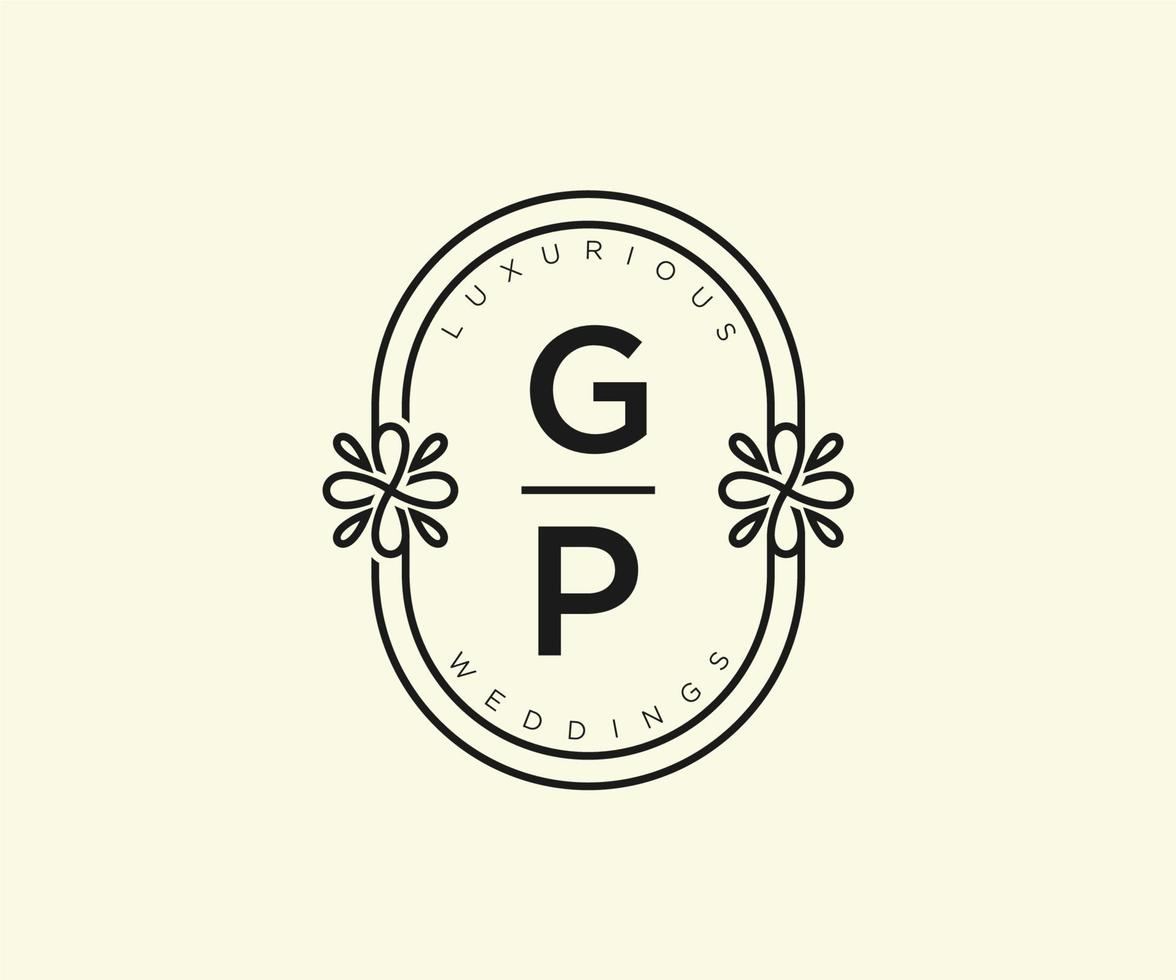 gp brief hochzeitsmonogramm logos vorlage, handgezeichnete moderne minimalistische und florale vorlagen für einladungskarten, datum speichern, elegante identität. vektor