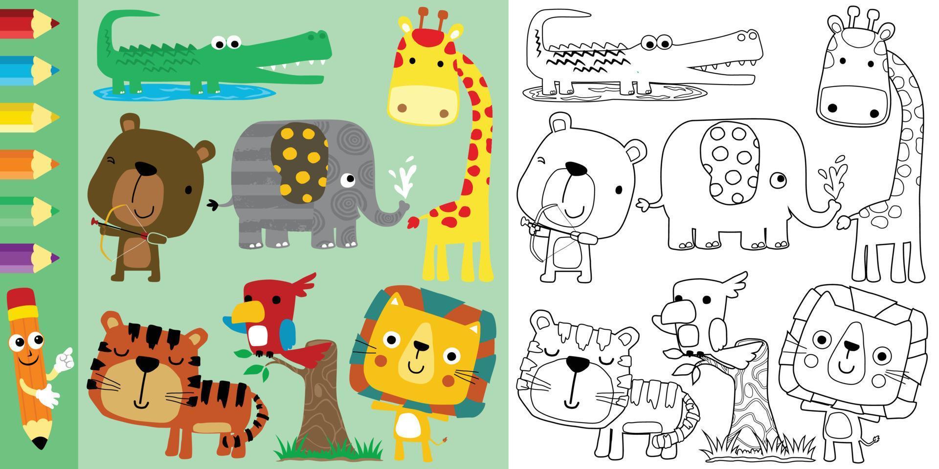 vektor uppsättning av djur tecknad serie, färg bok eller sida