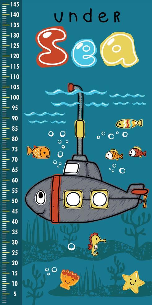höjd mått vägg av hand dragen leende u-båt tecknad serie med marin djur vektor