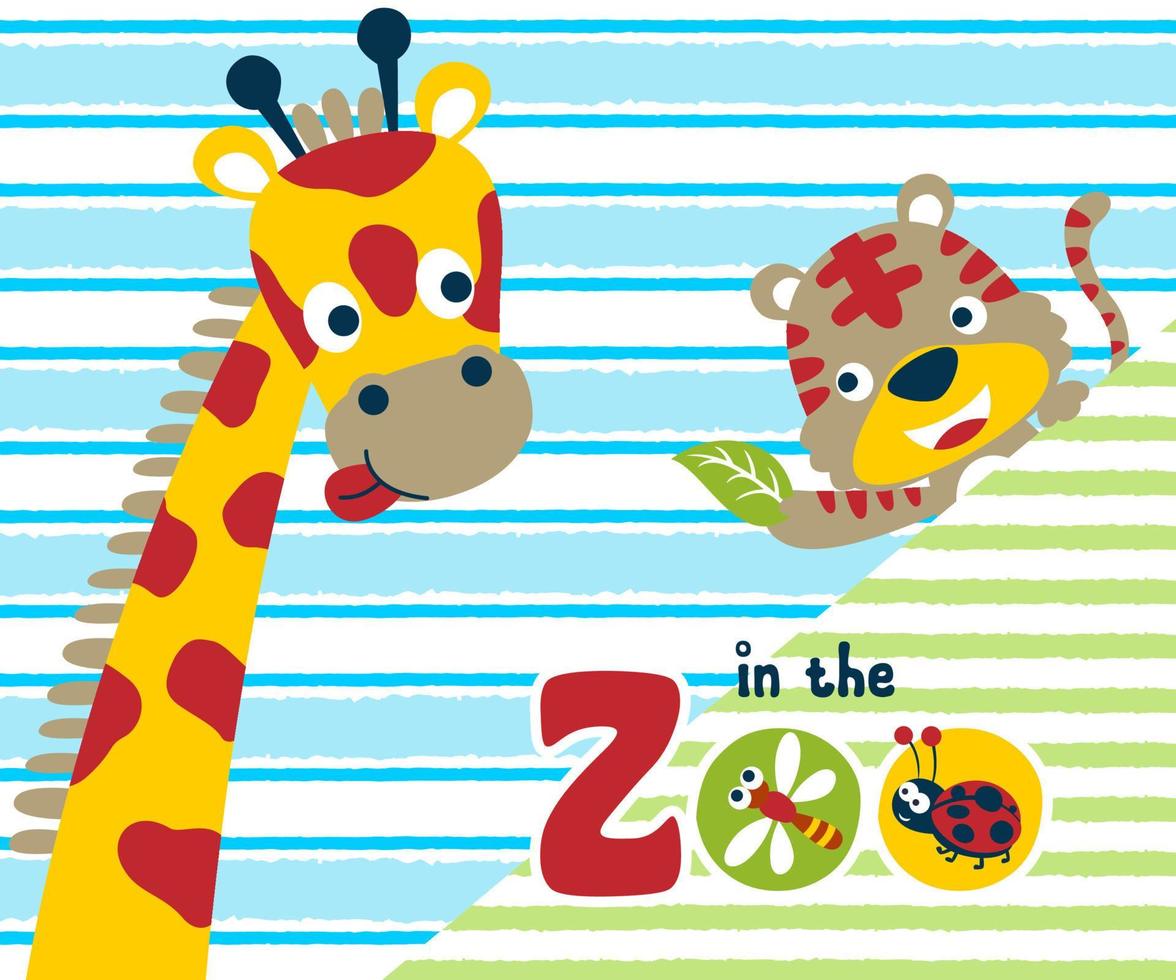 vektor illustration av söt djur, tecknad serie tiger och giraff med rolig buggar på randig bakgrund