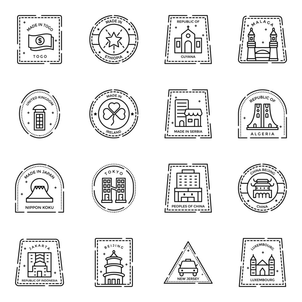 mängd av linjär nationell och internationell frimärken ikoner vektor