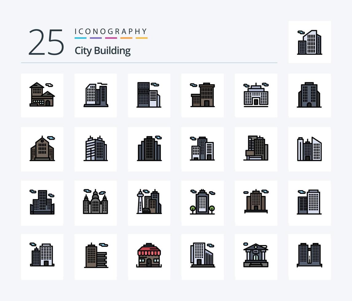 Stadtgebäude 25 Zeilen gefülltes Icon Pack inklusive Gebäude. Geschäft. Gebäude. Gebäude. Anwesen vektor