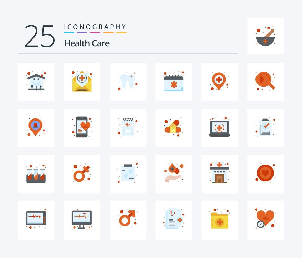 Gesundheitswesen 25 flache Farbsymbolpakete einschließlich Krankenhaus. Kalender. Zahn. Buchen. Agenda vektor