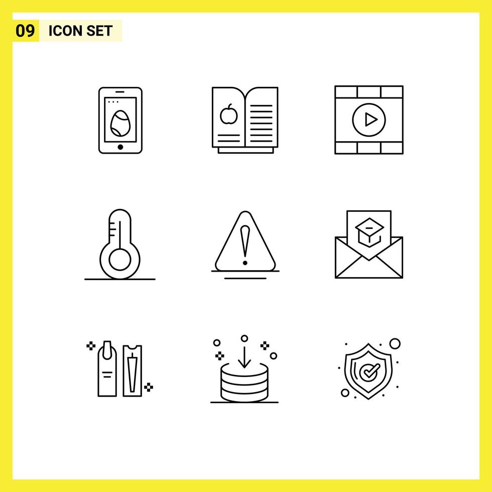 Mobile Interface Gliederungssatz von 9 Piktogrammen von Kommunikationswarnungen Spielgefahr Thermometer editierbare Vektordesign-Elemente vektor