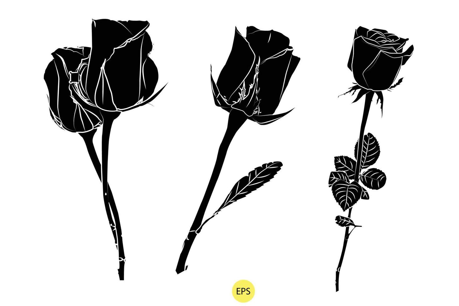 Set aus schwarzen dekorativen Rosensilhouetten, Vektorschwarzsilhouetten von Blumen isoliert auf weißem Hintergrund. vektor
