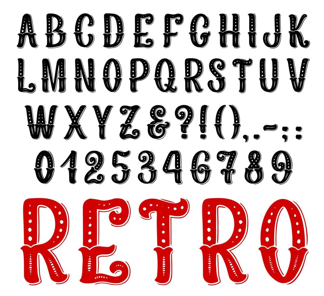 retro dekorativ font, full symboler och brev vektor