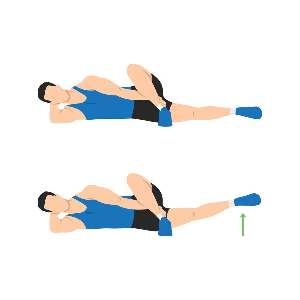 man håller på med liggande crossover ben hiss övning i 2 steg. illustration handla om träna diagram för muskler sträcka, ben, sak, höft. platt vektor illustration isolerat på vit bakgrund