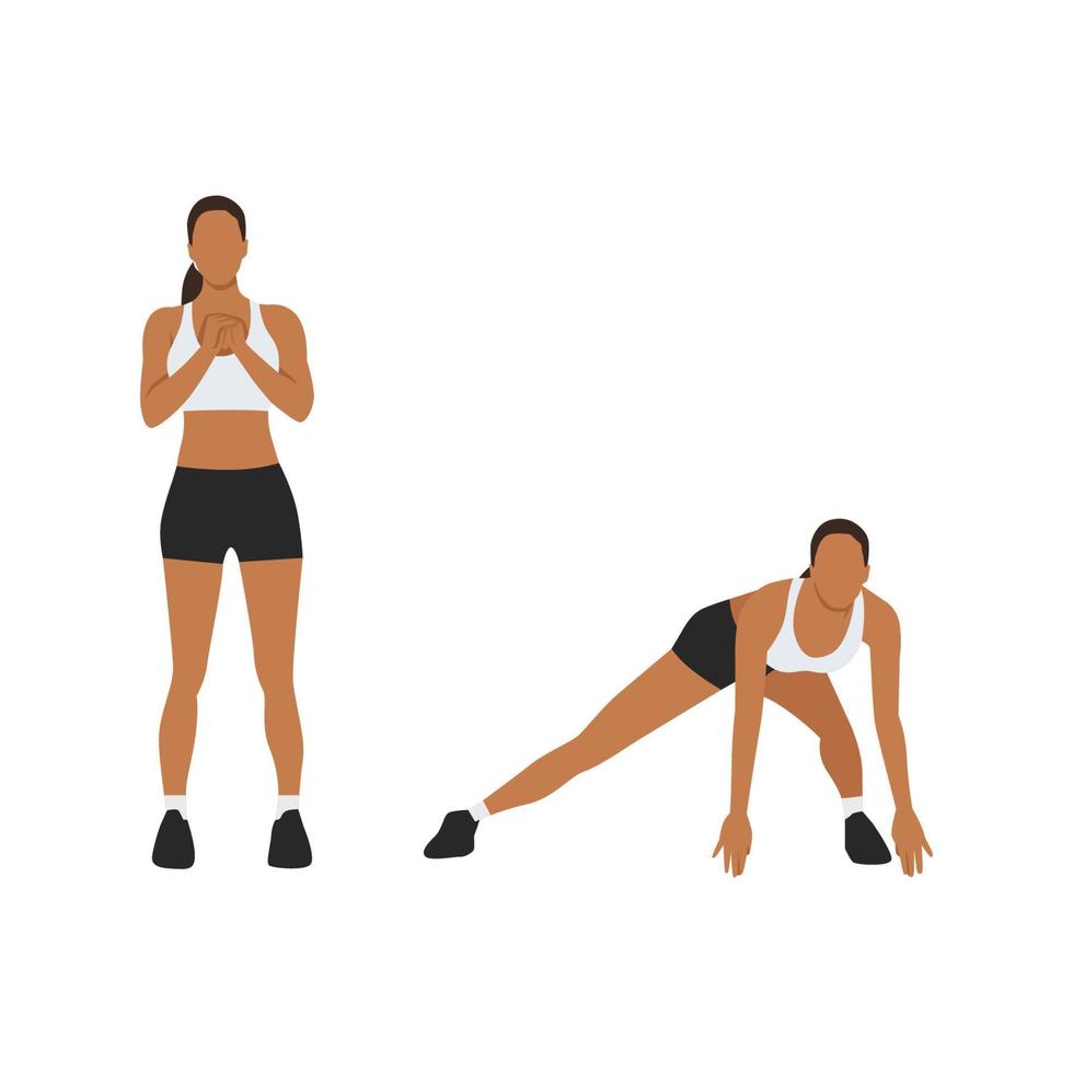 kvinna håller på med lateral lunges till golv finputsning träning. platt vektor illustration isolerat på vit bakgrund