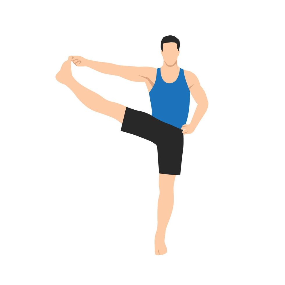 Mann, der eine stehende Hand zur großen Zehe macht. Utthita hasta padangusthasana üben. flache vektorillustration lokalisiert auf weißem hintergrund vektor