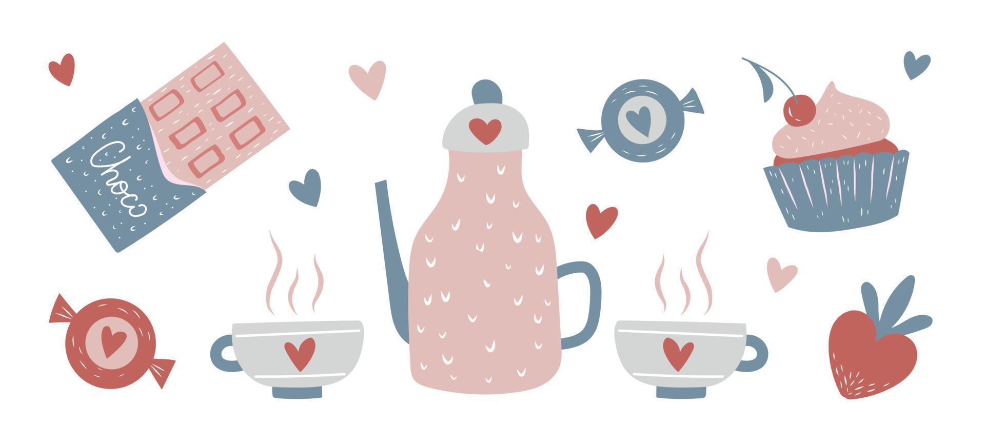 handgezogener heißer tee oder kaffee und schokolade, cupcake und süßigkeiten. gekritzelsatz romantischer datumselemente vektor