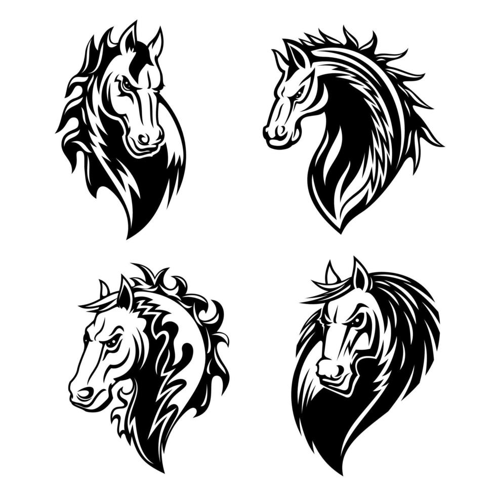 häst eller mustang djur- ikoner. tatuering och maskot vektor