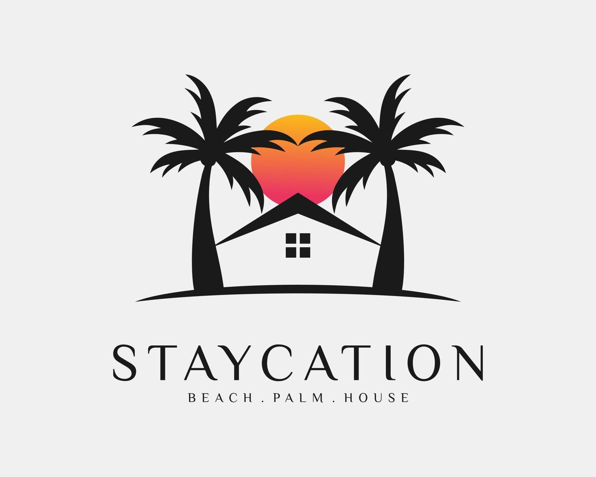 Haus Resort Urlaub Strand Palme Sonne Entspannung Landschaft Paradies Insel Vektor Logo Design