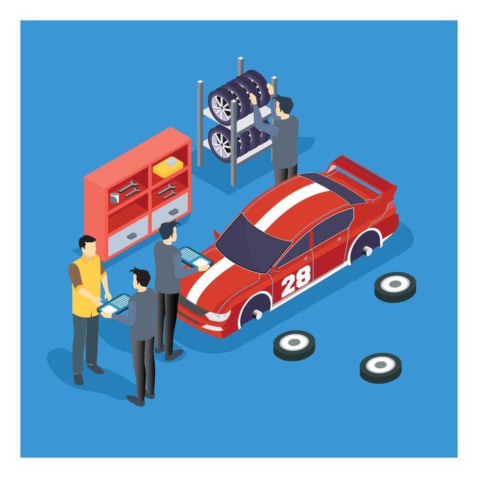3d isometrisk bil reparation begrepp. bil service uppkopplad. vektor isometrisk illustration lämplig för diagram, infografik, och Övrig grafisk tillgångar