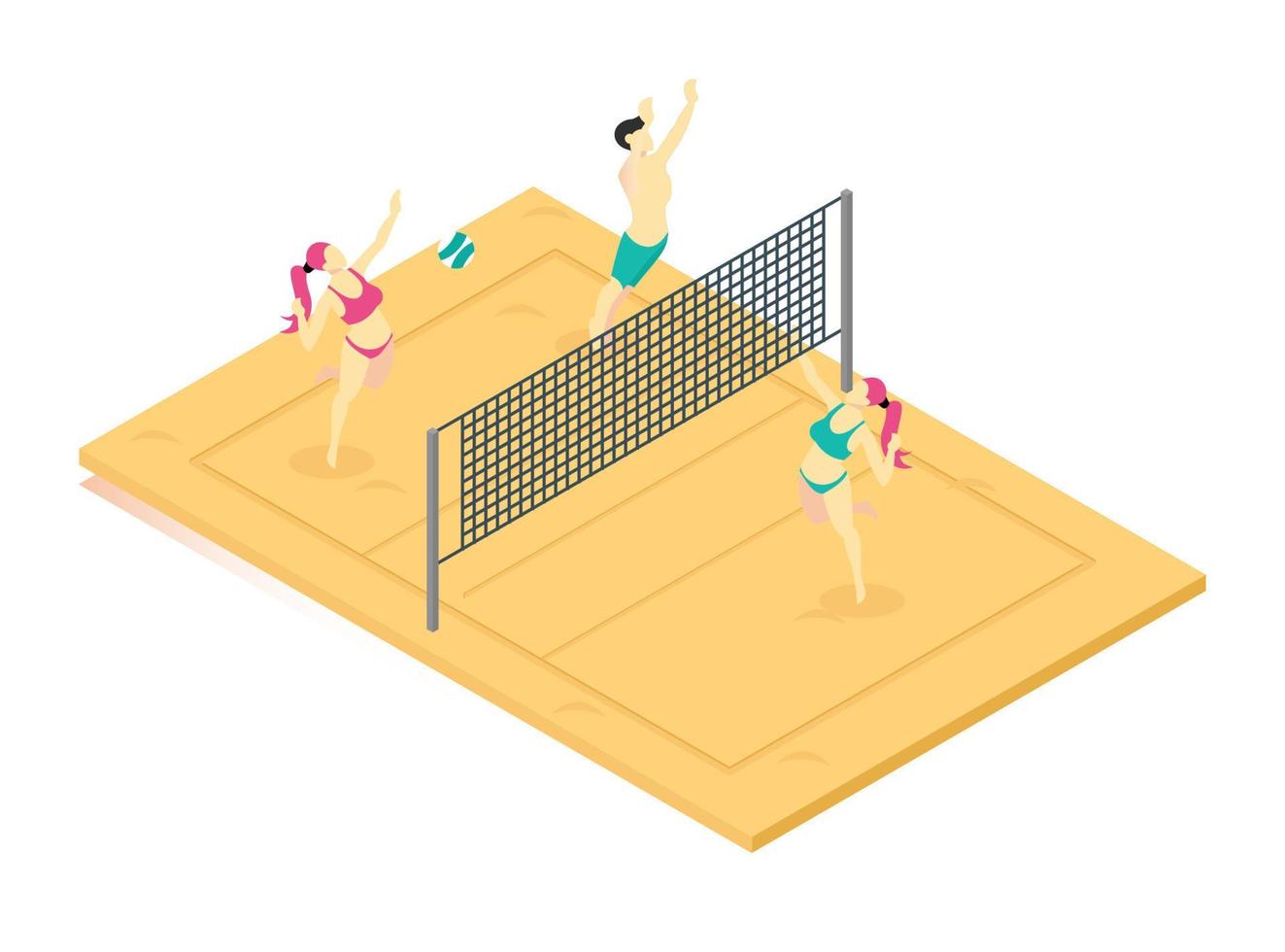 3d isometrisk spelar strand volleyboll på brun strand sand. vektor isometrisk illustration lämplig för diagram, infografik, och Övrig grafisk tillgångar