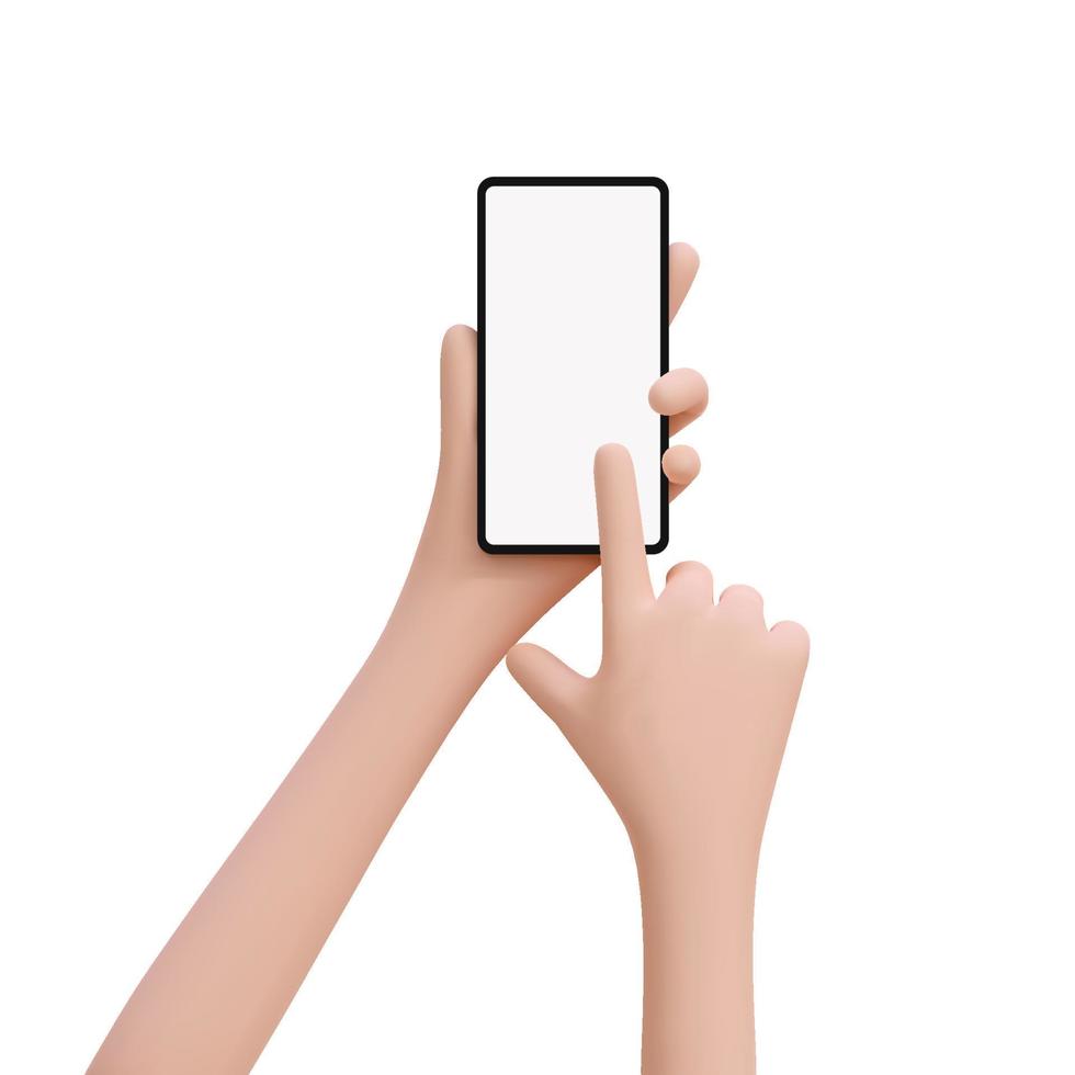 3d söt tecknad serie hand innehav mobil smart telefon och finger rörande, pekande smartphone tom skärm, rulla, sökande. mockup, mall. Ansökan service begrepp. vektor illustration isolerat