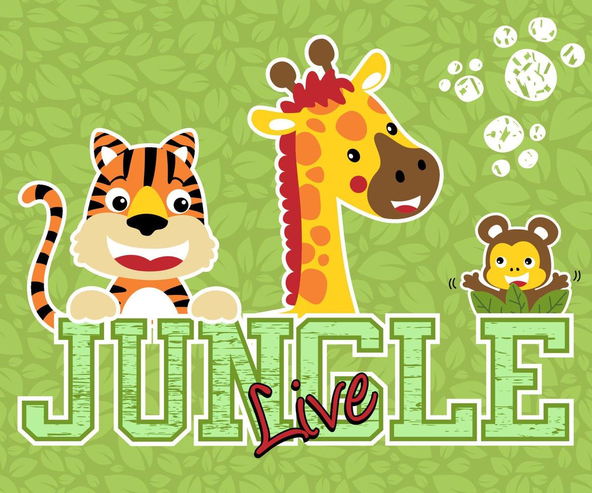 rolig djungel djur tecknad serie, tiger, giraff, apa på sömlös mönster av löv bakgrund. vektor tecknad serie illustration