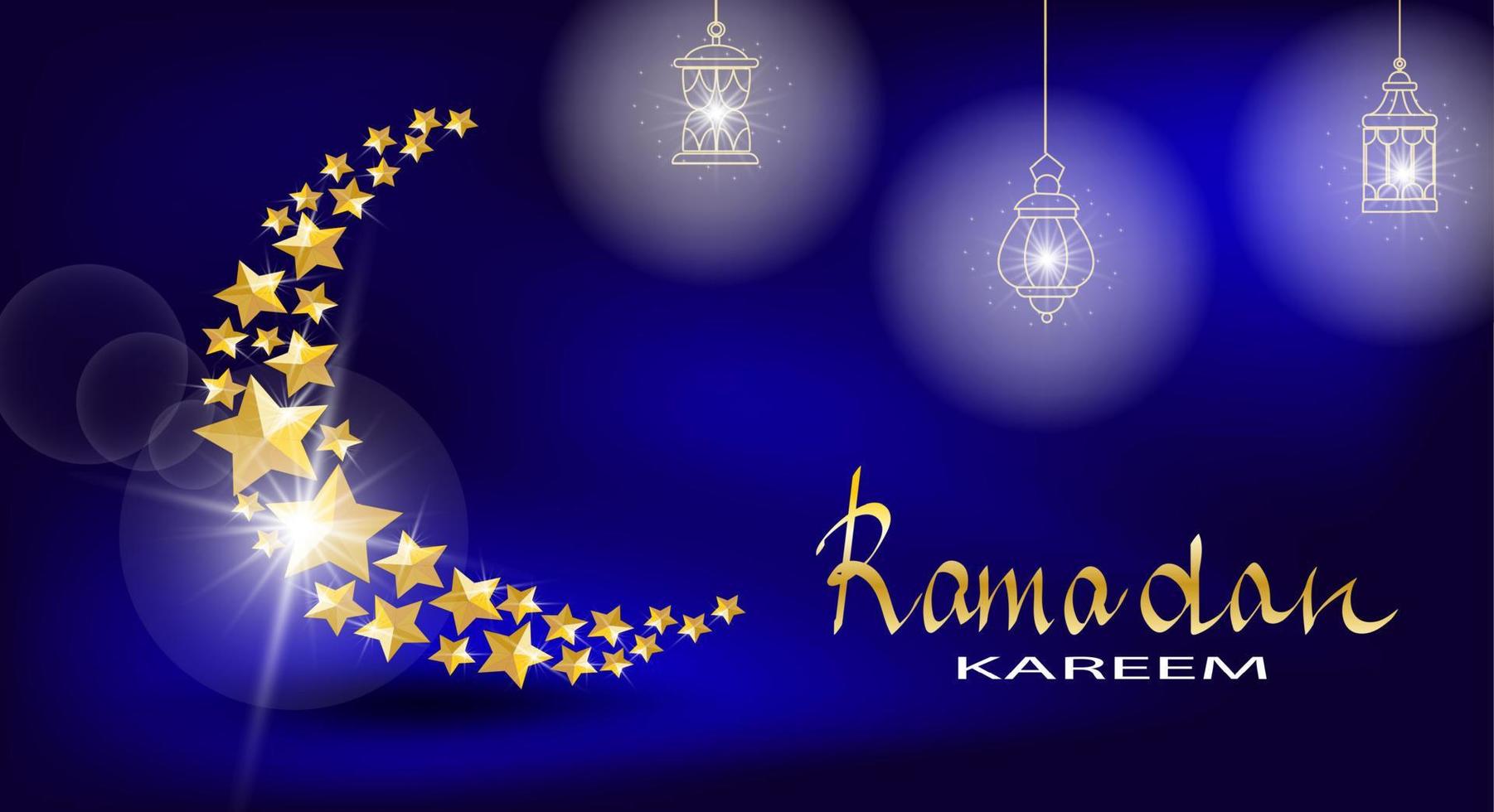elegant ramadan kareem med gyllene måne och lysande lykta på blå bakgrund vektor