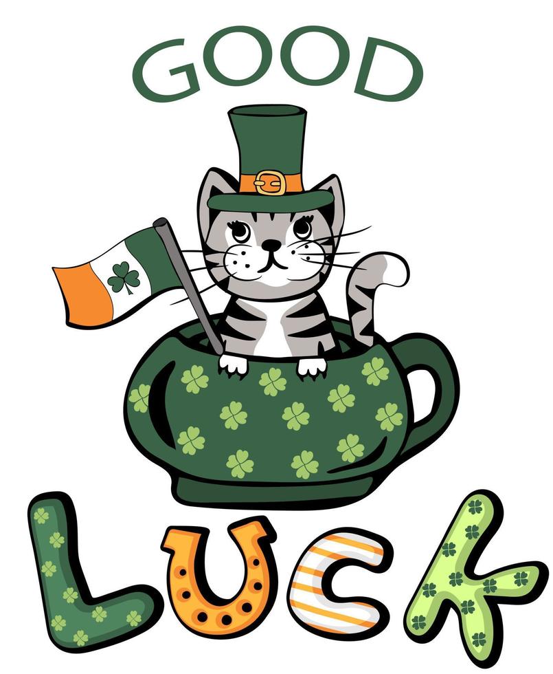 st. Patricks dag söt katt i grön hatt med Bra tur text och irländsk flagga vektor