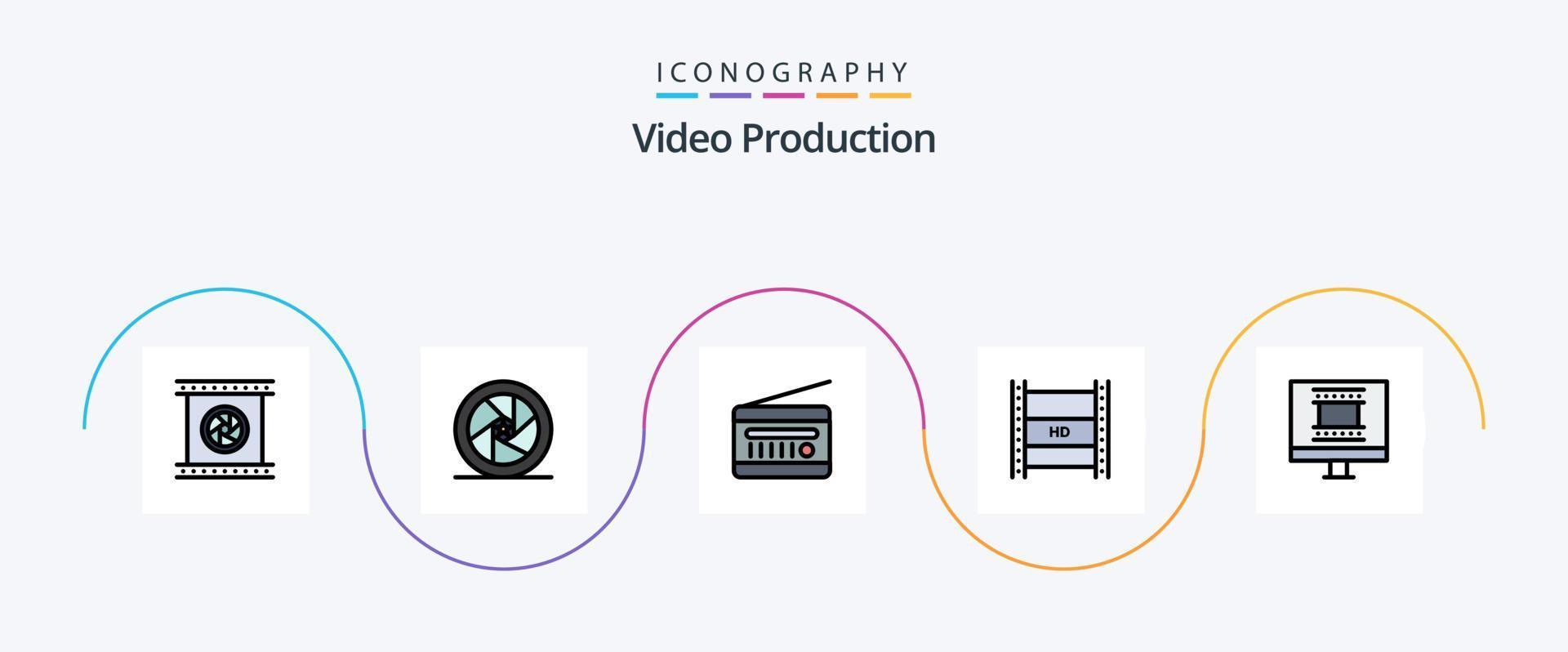 video produktion linje fylld platt 5 ikon packa Inklusive hd i filmskapande. digital video sändning. superhjälte. årgång radio. radio vektor