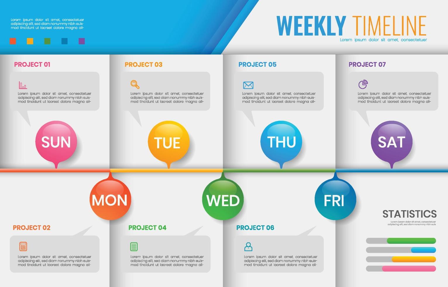 färgrik varje vecka tidslinje tabell för projekt Rapportera vektor