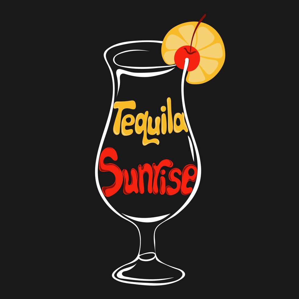 handgezeichnetes glas tequila sunrise cocktail mit orange und kirsche und schrifttext vektor