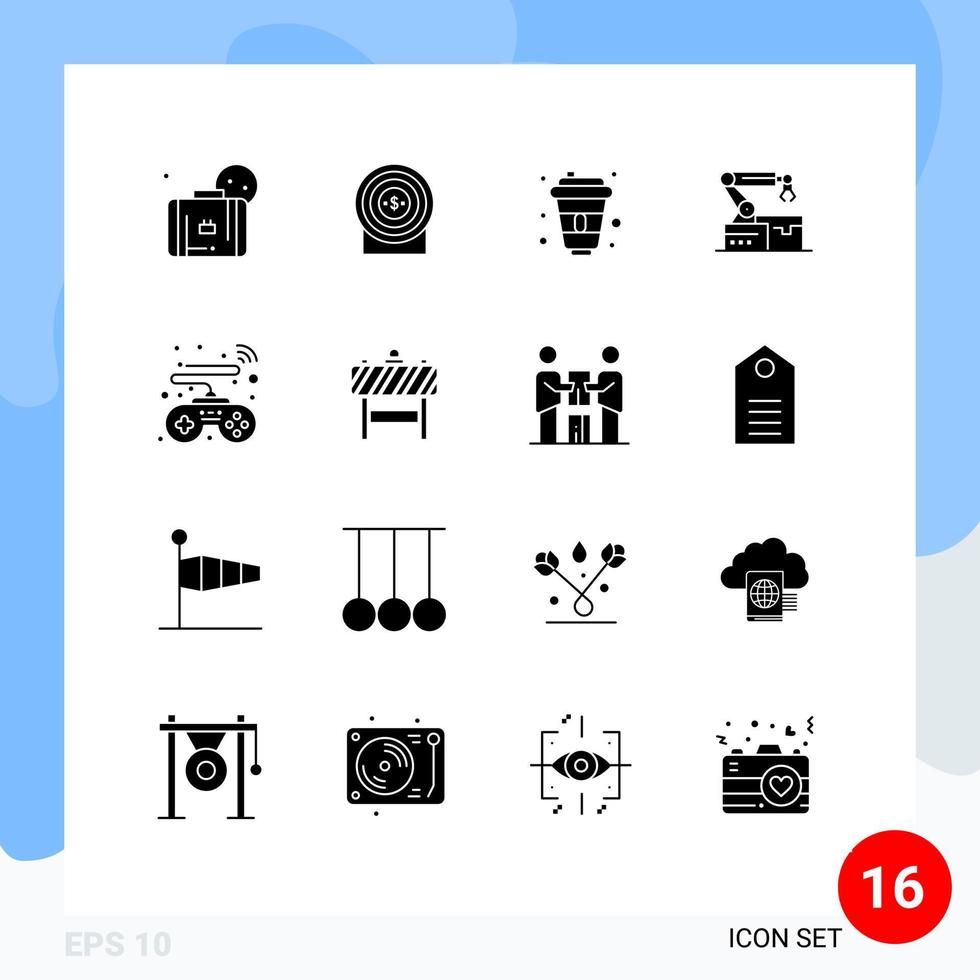 mobil gränssnitt fast glyf uppsättning av 16 piktogram av spel teknologi cola ärm atomerad redigerbar vektor design element