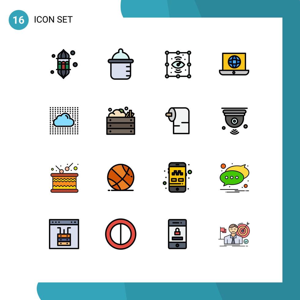 Gruppe von 16 flachen, farbgefüllten Linien Zeichen und Symbole für datentechnische kreative Globus-Laptop-editierbare kreative Vektordesign-Elemente vektor
