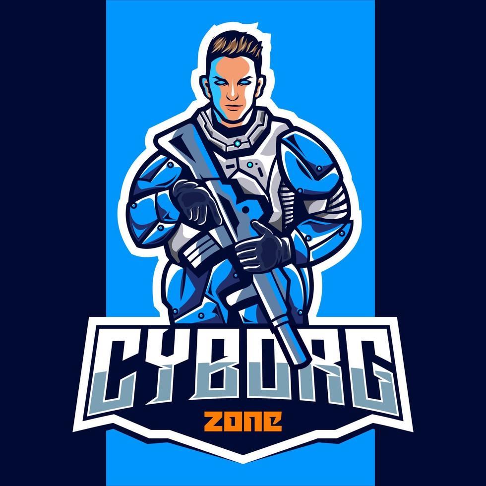 cyborg med pistol maskot esport logotyp design vektor