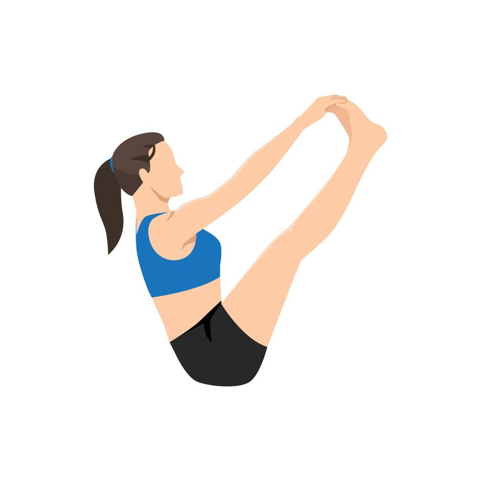 Frau, die beide Großzehenhaltungen, Doppelzehenhaltungen, Balancestockhaltungen, Dronasana macht. Übe Ubhaya Padangusthasana. flache vektorillustration lokalisiert auf weißem hintergrund vektor