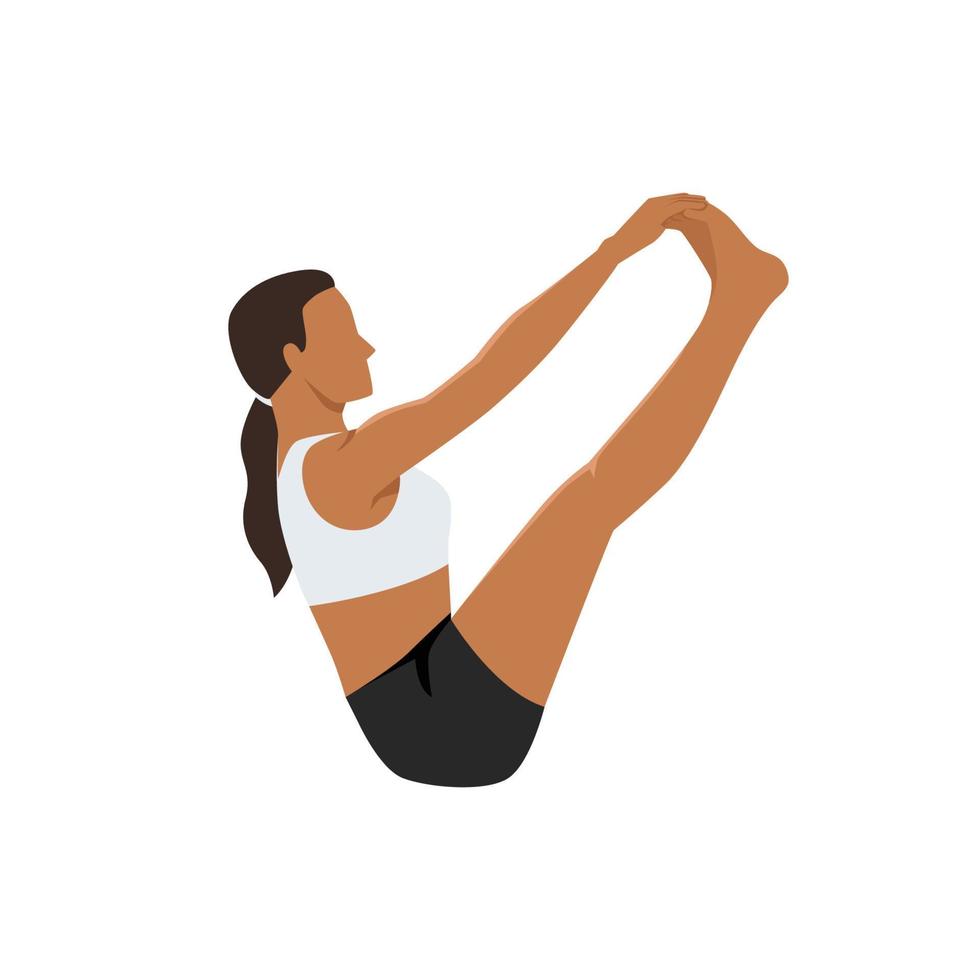 Frau, die beide Großzehenhaltungen, Doppelzehenhaltungen, Balancestockhaltungen, Dronasana macht. Übe Ubhaya Padangusthasana. flache vektorillustration lokalisiert auf weißem hintergrund vektor