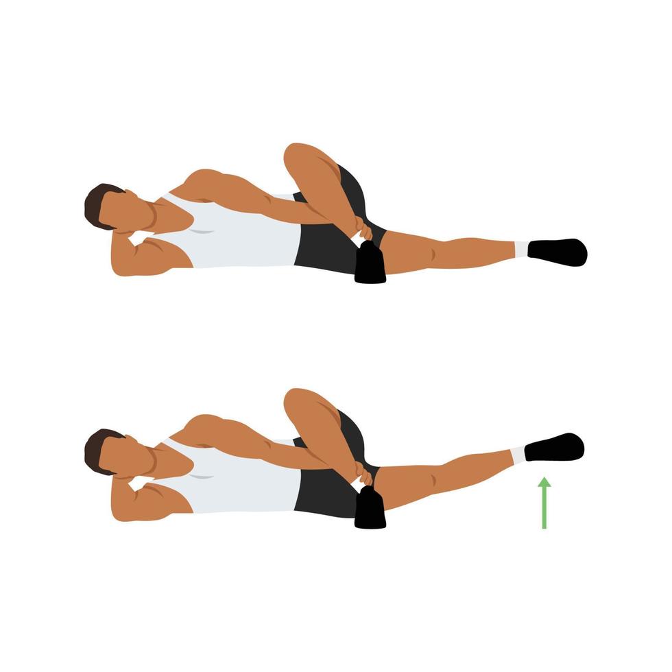 Mann macht liegende Crossover-Beinhebeübung in 2 Schritten. illustration über trainingsdiagramm für muskeln dehnen, bein, sache, hüfte. flache vektorillustration lokalisiert auf weißem hintergrund vektor