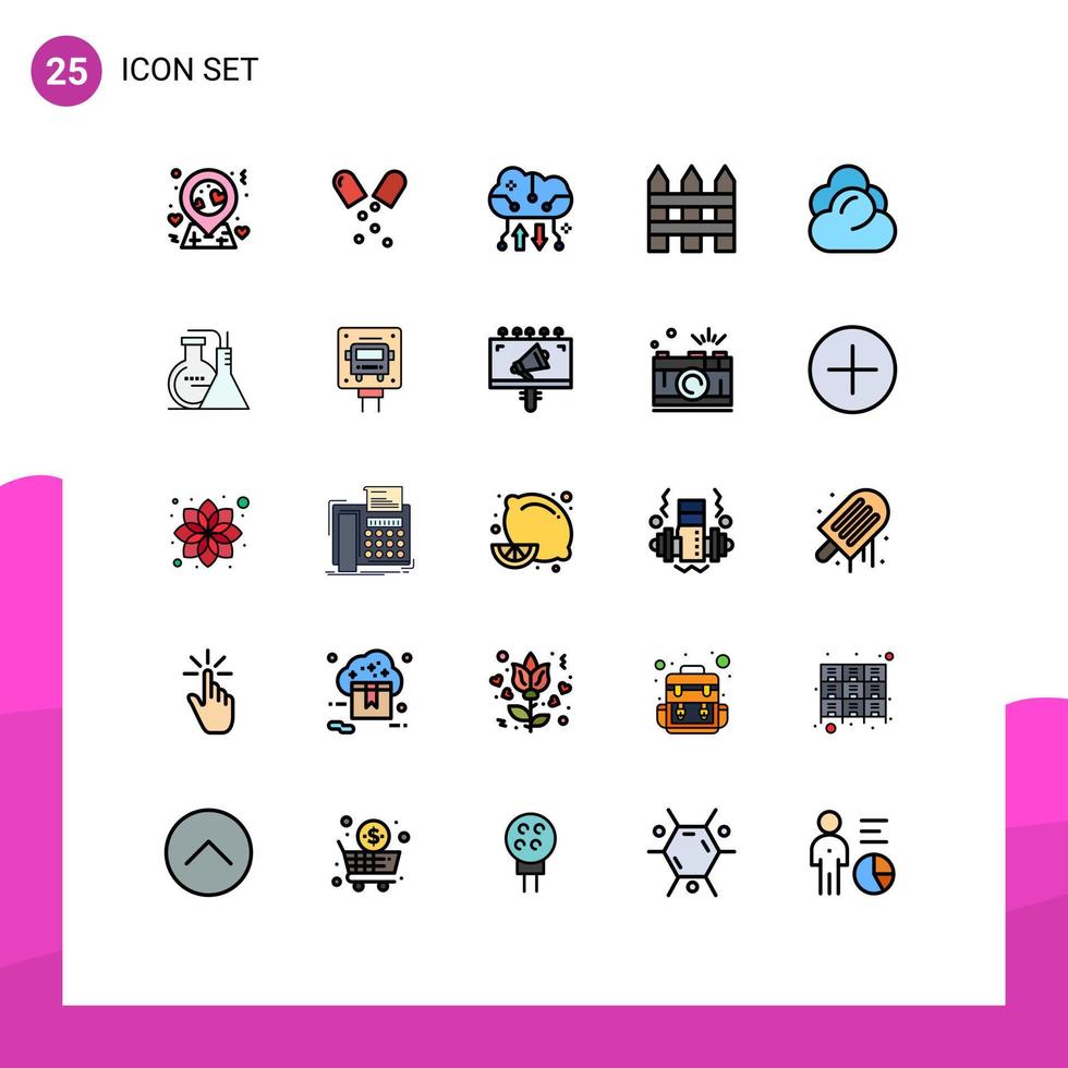 mobil gränssnitt fylld linje platt Färg uppsättning av 25 piktogram av moln interiör moln datoranvändning trädgård staket barrikad redigerbar vektor design element